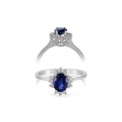0.26ct Pırlantalı Oval Safir Taşlı Yüzük-18k - ENGİNGOLD