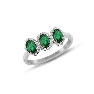 0.28ct Pırlantalı Tria Oval Zümrüt Yüzük-8k - ENGİNGOLD