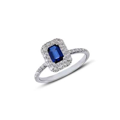 0.30ct Pırlanta Baget Safir Taşlı Yüzük - ENGİNGOLD