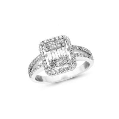 0.65ct Pırlanta Kolları Taşlı Baget Yüzük - ENGİNGOLD