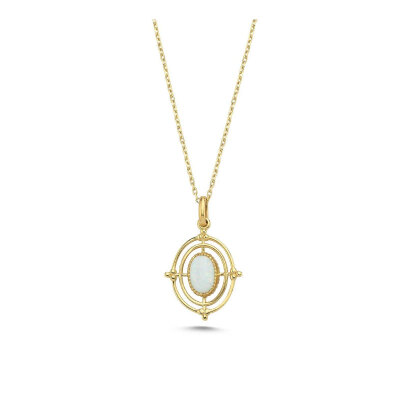 14 Ayar Altın Beyaz Opal Taşlı Oval Vintage Kolye - 1