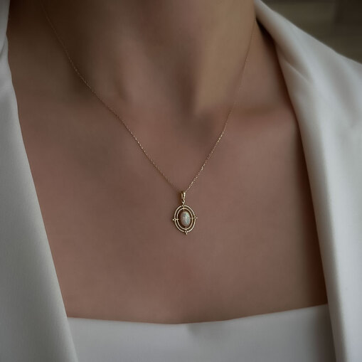 14 Ayar Altın Beyaz Opal Taşlı Oval Vintage Kolye - 3