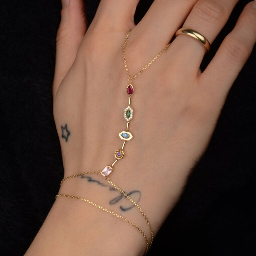 14 Ayar Altın Asimetrik Kesim Renkli Taşlı Şahmeran - 6