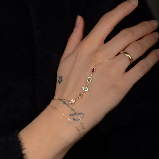 14 Ayar Altın Asimetrik Kesim Renkli Taşlı Şahmeran - 7