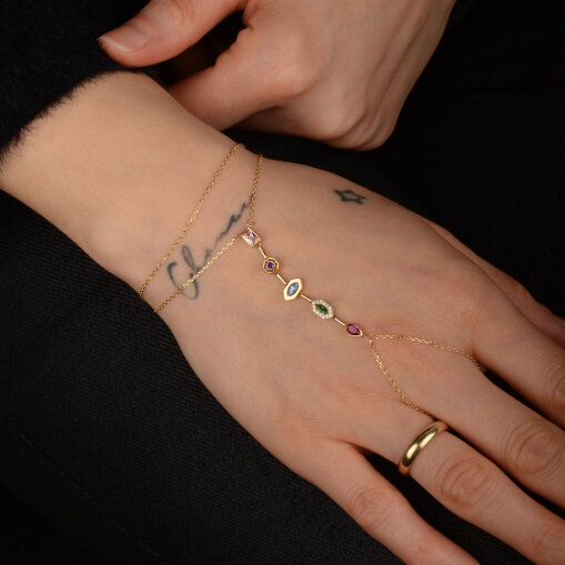 14 Ayar Altın Asimetrik Kesim Renkli Taşlı Şahmeran - 8