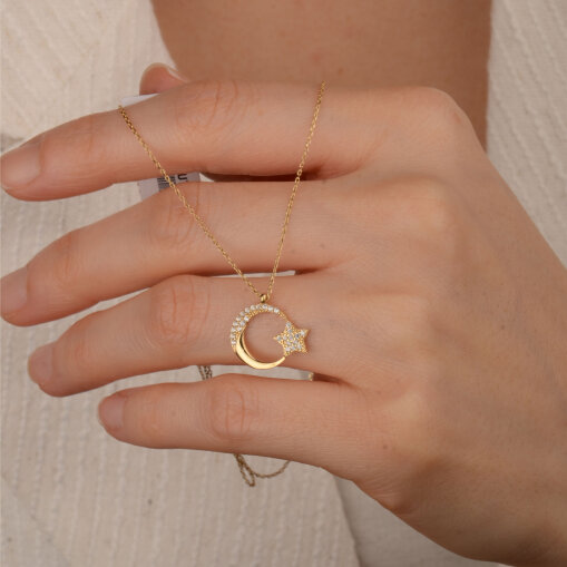 14 Ayar Altın Ay Yıldız Kolye - 3