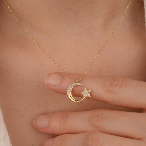 14 Ayar Altın Ay Yıldız Kolye - 4
