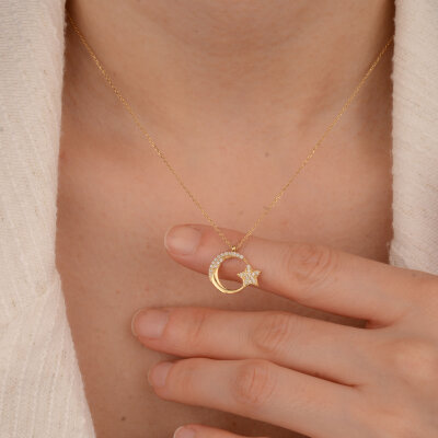 14 Ayar Altın Ay Yıldız Kolye - 5