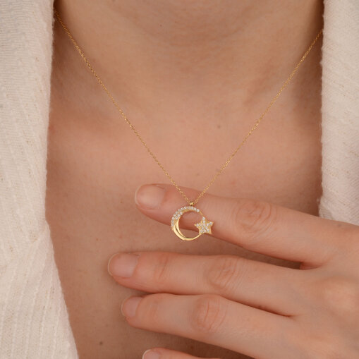 14 Ayar Altın Ay Yıldız Kolye - 5
