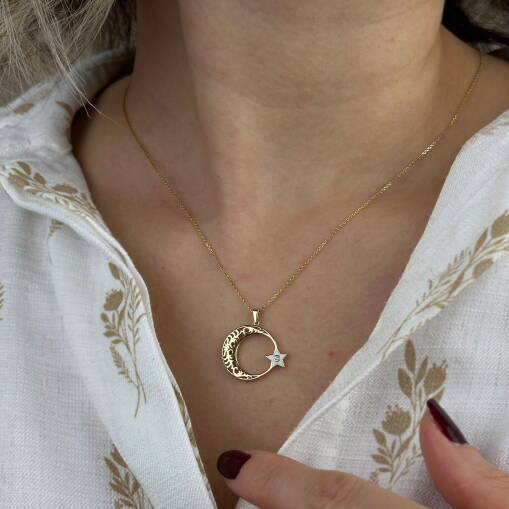14 Ayar Altın Ay Yıldız Kolye – Beyaz Mineli Zirkon Taşlı - 1