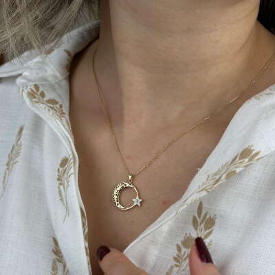 14 Ayar Altın Ay Yıldız Kolye – Beyaz Mineli Zirkon Taşlı - 2