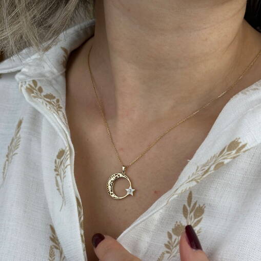 14 Ayar Altın Ay Yıldız Kolye – Beyaz Mineli Zirkon Taşlı - 2