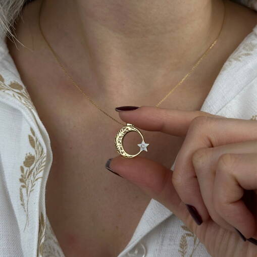 14 Ayar Altın Ay Yıldız Kolye – Beyaz Mineli Zirkon Taşlı - 4