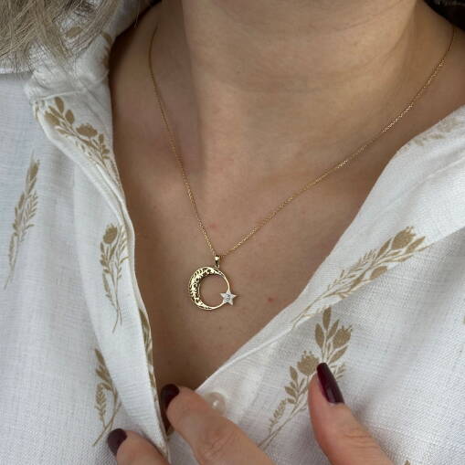 14 Ayar Altın Ay Yıldız Kolye – Beyaz Mineli Zirkon Taşlı - 5