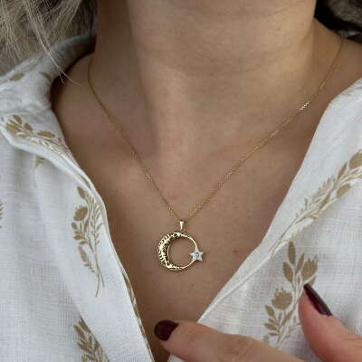 14 Ayar Altın Ay Yıldız Kolye – Beyaz Mineli Zirkon Taşlı - ENGİNGOLD ZİNCİR-İŞ