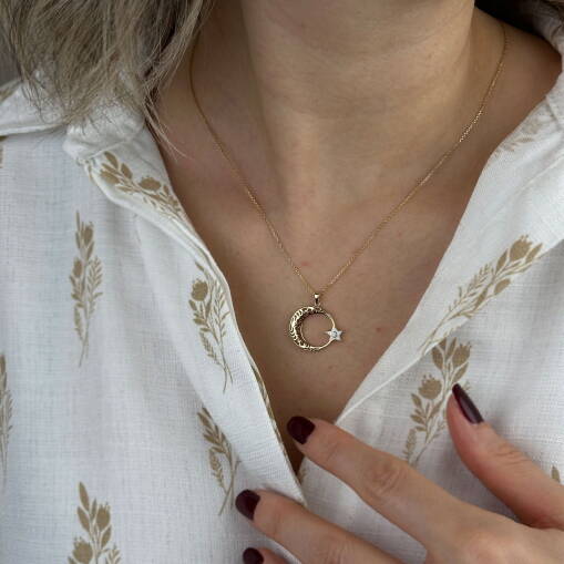 14 Ayar Altın Ay Yıldız Kolye – Beyaz Mineli Zirkon Taşlı - 3