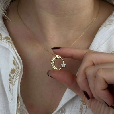 14 Ayar Altın Ay Yıldız Kolye – Beyaz Mineli Zirkon Taşlı - 4