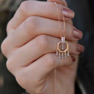 14 Ayar Altın Baget Taşlı Geometrik Kolye - 2