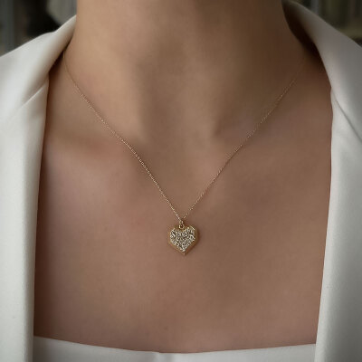 14 Ayar Altın Baget Taşlı Kalp Kolye