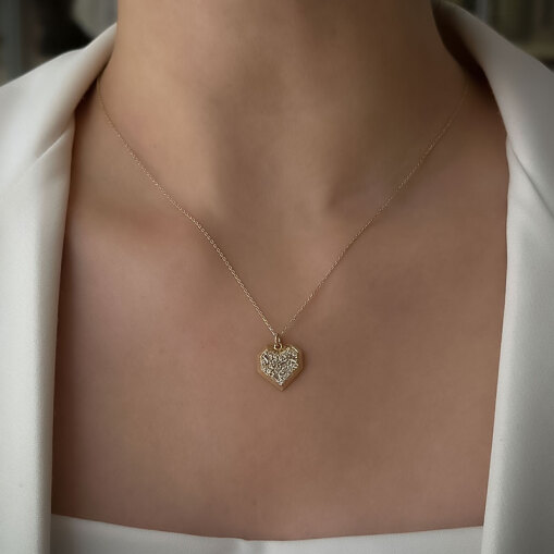 14 Ayar Altın Baget Taşlı Kalp Kolye - 1