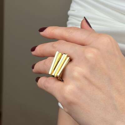 14 Ayar Altın Baget Yüzük – 3 Sütunlu Regold Tasarım - 5