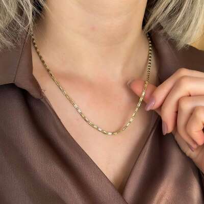 14 Ayar Altın Bar Line Zincir Kolye - 3