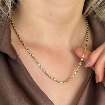 14 Ayar Altın Bar Line Zincir Kolye - 4