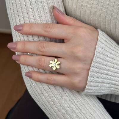 14 Ayar Altın Çiçek Figürlü Taşlı Yüzük - ENGİNGOLD TUA