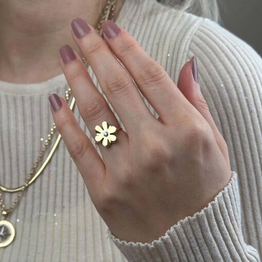 14 Ayar Altın Çiçek Figürlü Taşlı Yüzük - 2