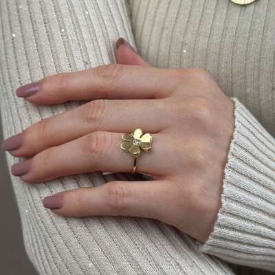 14 Ayar Altın Çiçek Figürlü Taşlı Yüzük - 3