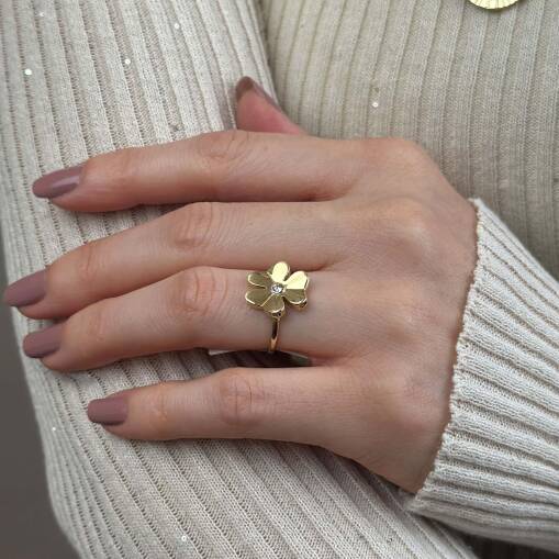 14 Ayar Altın Çiçek Figürlü Taşlı Yüzük - 3