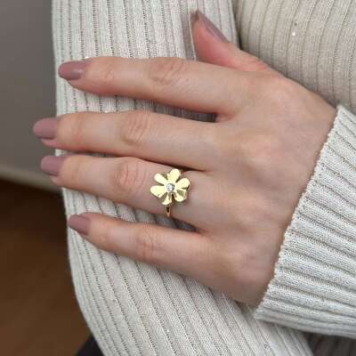 14 Ayar Altın Çiçek Figürlü Taşlı Yüzük - 4