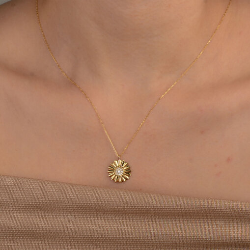 14 Ayar Altın Çiçek Kolye Zirkon Taşlı – Zarif Tasarım - 3