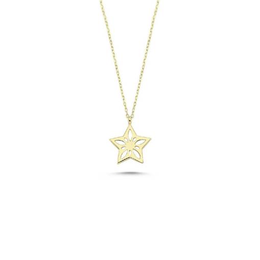 14 Ayar Altın Desenli Yıldız Kolye - 1