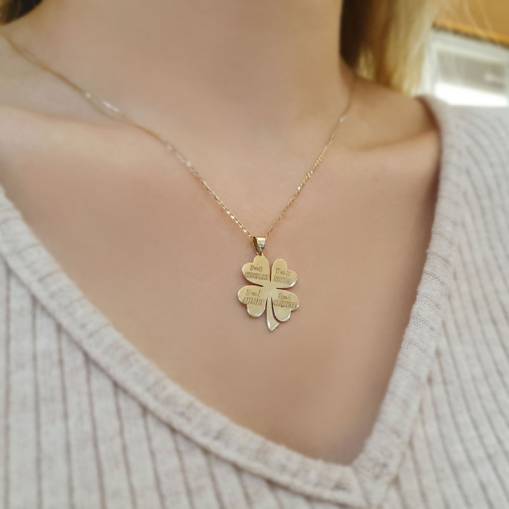 14 Ayar Altın 4 Yapraklı Yonca Kolye | İsimli Opsiyon - 1