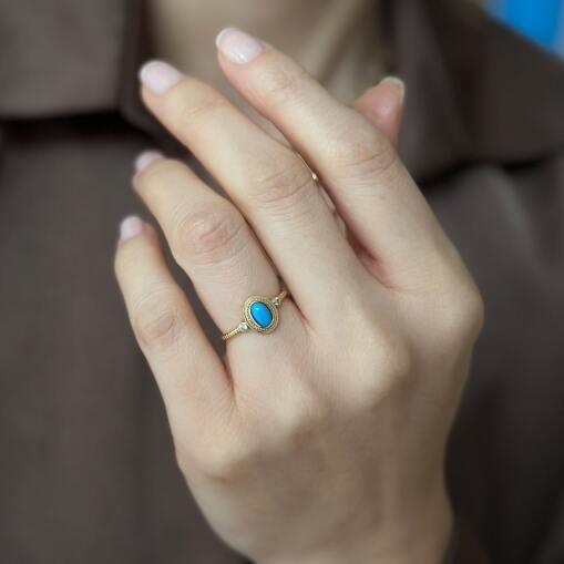 14 Ayar Altın Firuze Taşlı Oval Tasarım Yüzük - 1