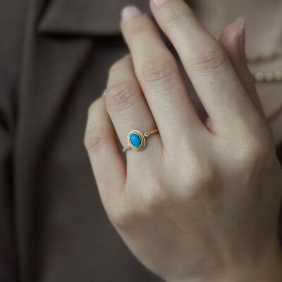 14 Ayar Altın Firuze Taşlı Oval Tasarım Yüzük - 2