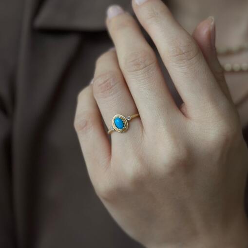 14 Ayar Altın Firuze Taşlı Oval Tasarım Yüzük - 2