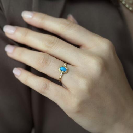 14 Ayar Altın Firuze Taşlı Oval Tasarım Yüzük - 3