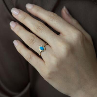 14 Ayar Altın Firuze Taşlı Oval Tasarım Yüzük - 4