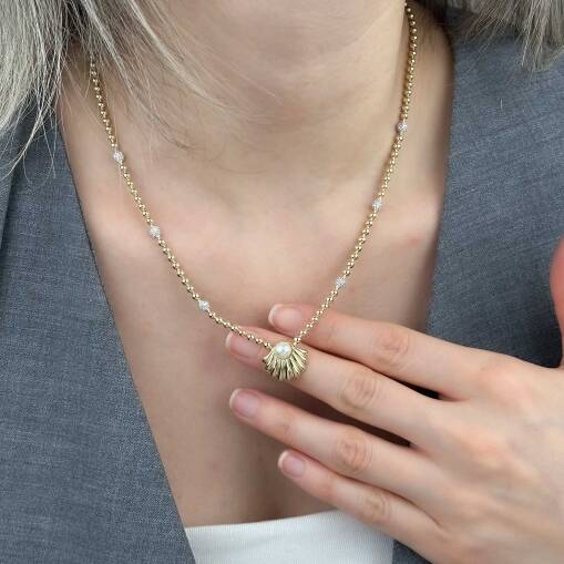 14 Ayar Altın İstiridye Kolye – Zirkon Taşlı Zarif Model - 3