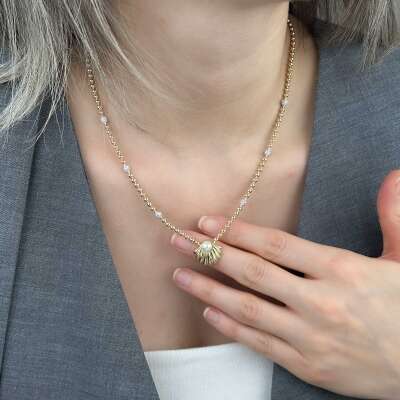 14 Ayar Altın İstiridye Kolye – Zirkon Taşlı Zarif Model - 4