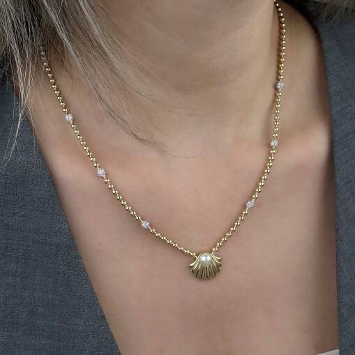 14 Ayar Altın İstiridye Kolye – Zirkon Taşlı Zarif Model - 6