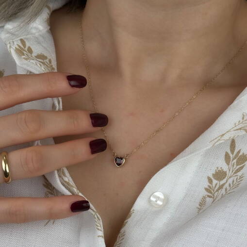 14 Ayar Altın Kalp Kolye – Kırmızı Zirkon Taşlı - 5