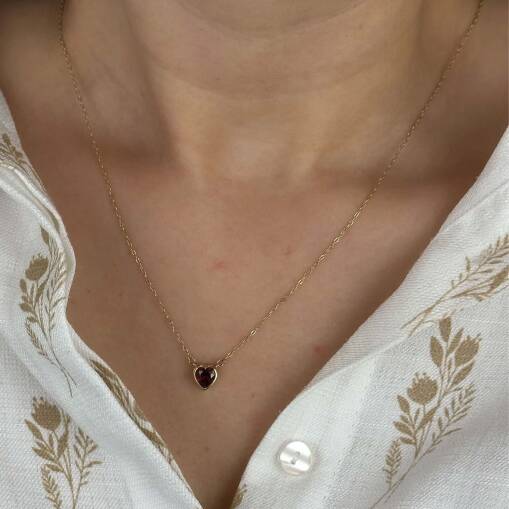 14 Ayar Altın Kalp Kolye – Kırmızı Zirkon Taşlı - 1