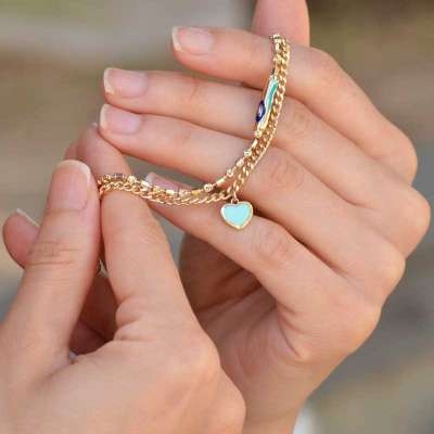 14 Ayar Altın Kalpli Nazarlı Bileklik - 2