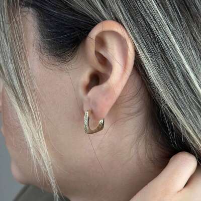 14 Ayar Altın Köşeli Taşlı Halka Küpe | Trend Takı - 3