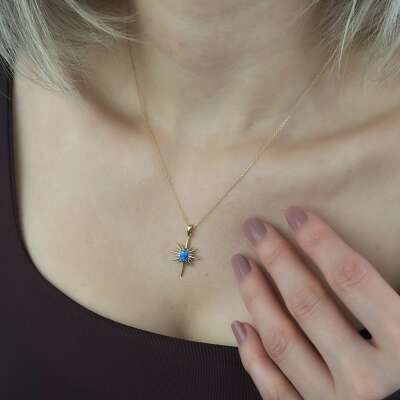 14 Ayar Altın Mavi Opal Kutup Yıldızı Taşlı Kolye - ENGİNGOLD RZG