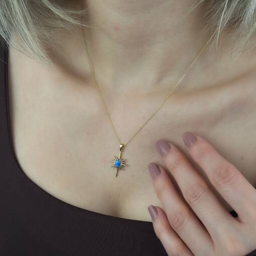 14 Ayar Altın Mavi Opal Kutup Yıldızı Taşlı Kolye - 1