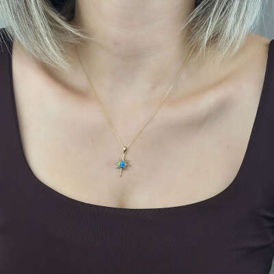 14 Ayar Altın Mavi Opal Kutup Yıldızı Taşlı Kolye - 2